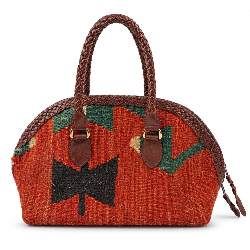 Vintage Y2K Kilim Maple Leaf Artisian Tapestry Boho Braided Leather Shoulder Bag